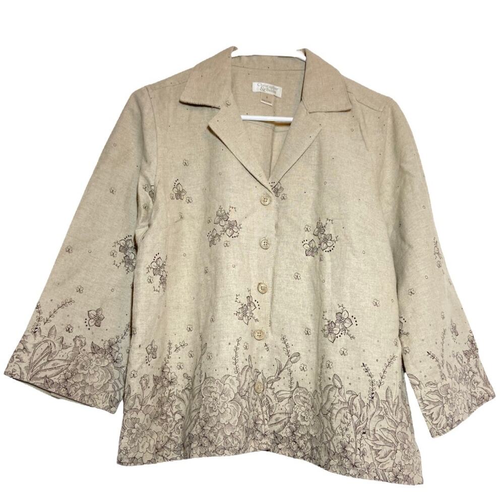 Christopher & Banks Linen Jacket Y2K 3/4 Sleeve Floral Print Collar Beige Small